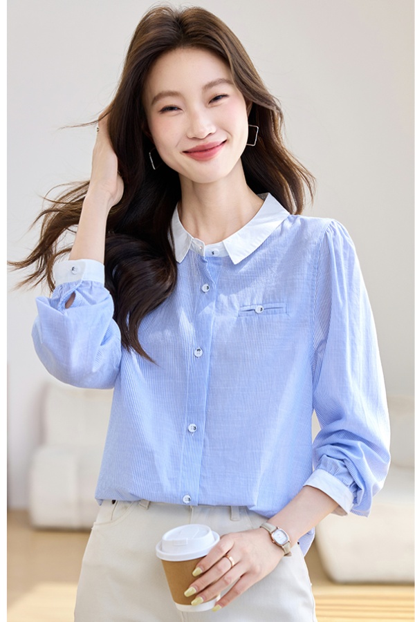 Vertical stripes long sleeve shirt autumn tops for women