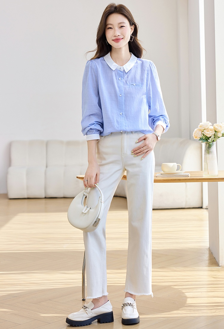Vertical stripes long sleeve shirt autumn tops for women