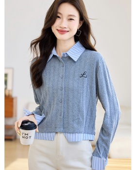 Stripe embroidery gray splice knitted autumn tops for women