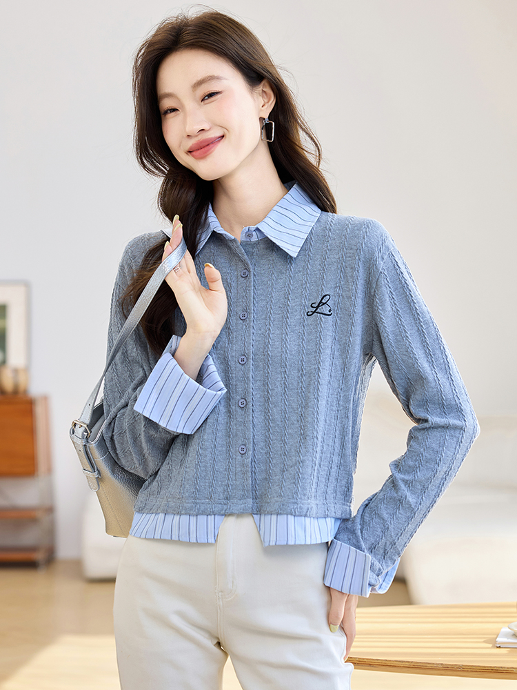 Stripe embroidery gray splice knitted autumn tops for women