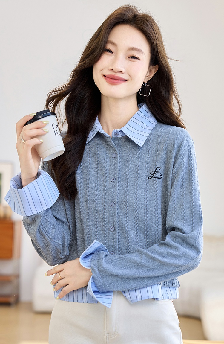 Stripe embroidery gray splice knitted autumn tops for women