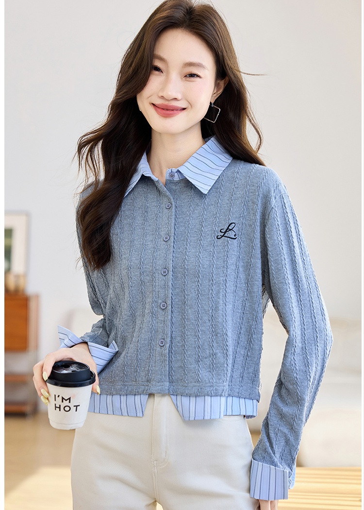 Stripe embroidery gray splice knitted autumn tops for women
