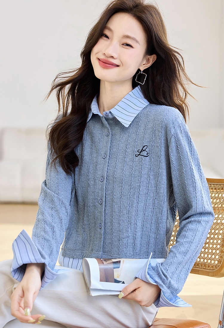 Stripe embroidery gray splice knitted autumn tops for women