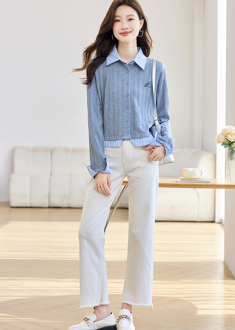 Stripe embroidery gray splice knitted autumn tops for women