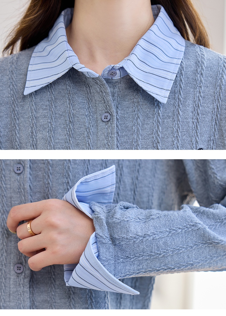 Stripe embroidery gray splice knitted autumn tops for women