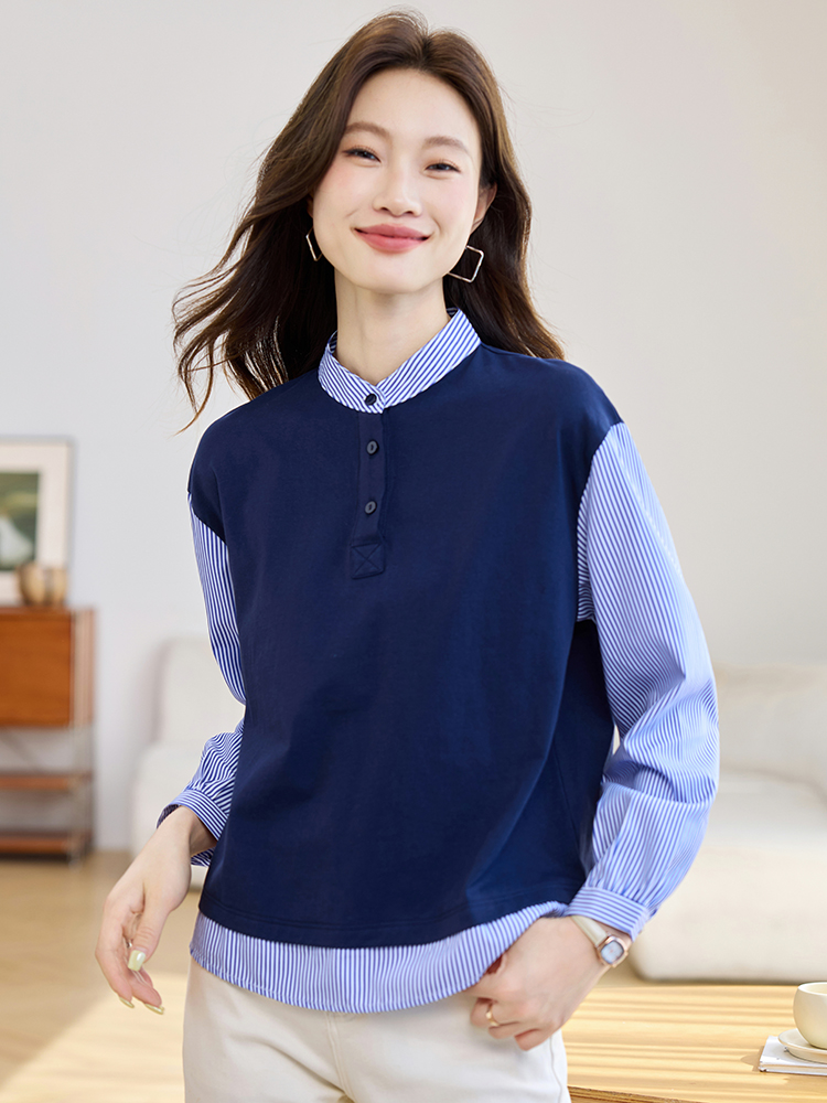 Splice Pseudo-two tops autumn Casual shirt for women