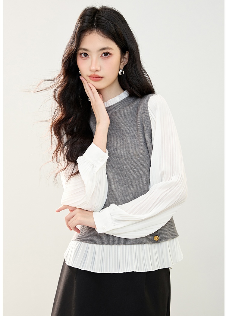 Chiffon cstand collar temperament Pseudo-two splice tops