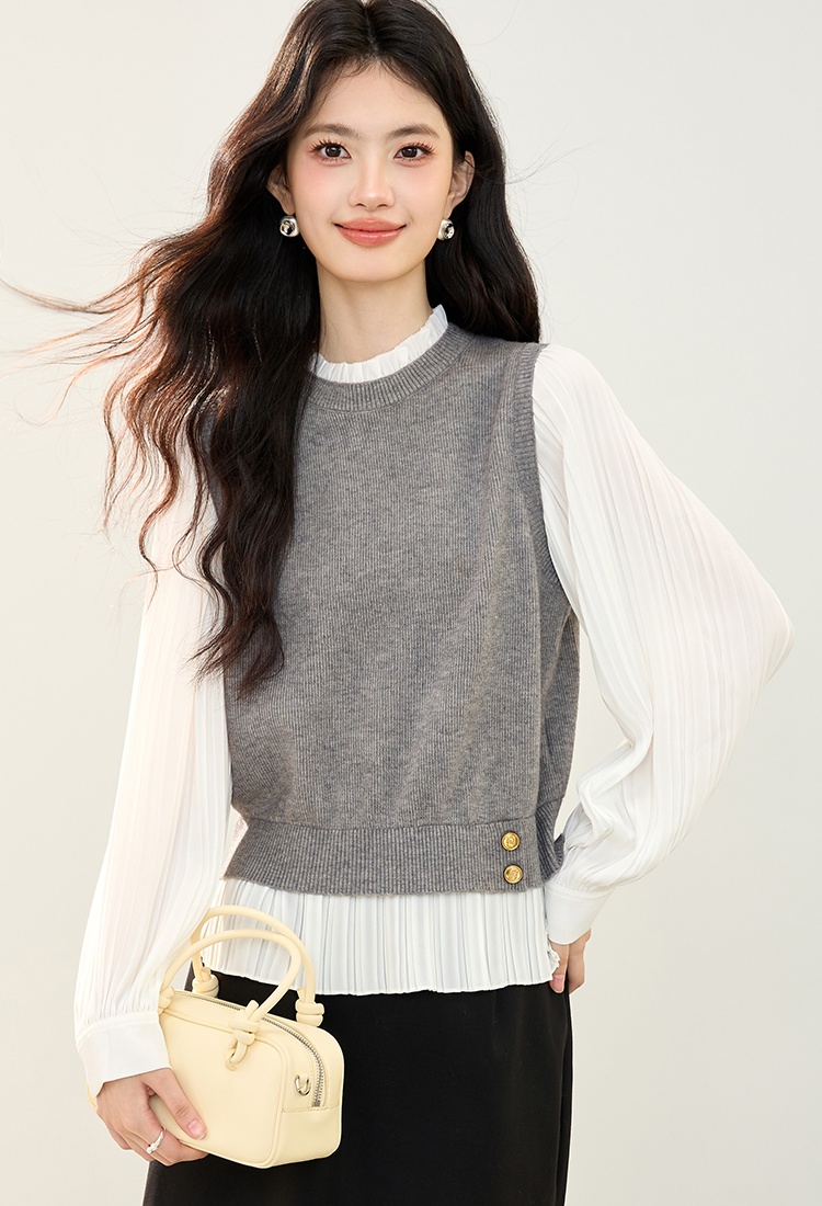 Chiffon cstand collar temperament Pseudo-two splice tops