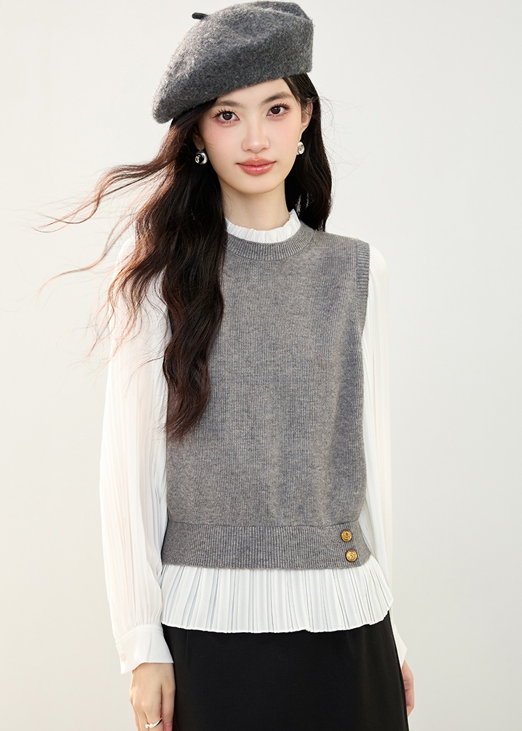 Chiffon cstand collar temperament Pseudo-two splice tops