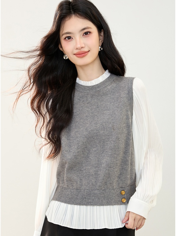 Chiffon cstand collar temperament Pseudo-two splice tops