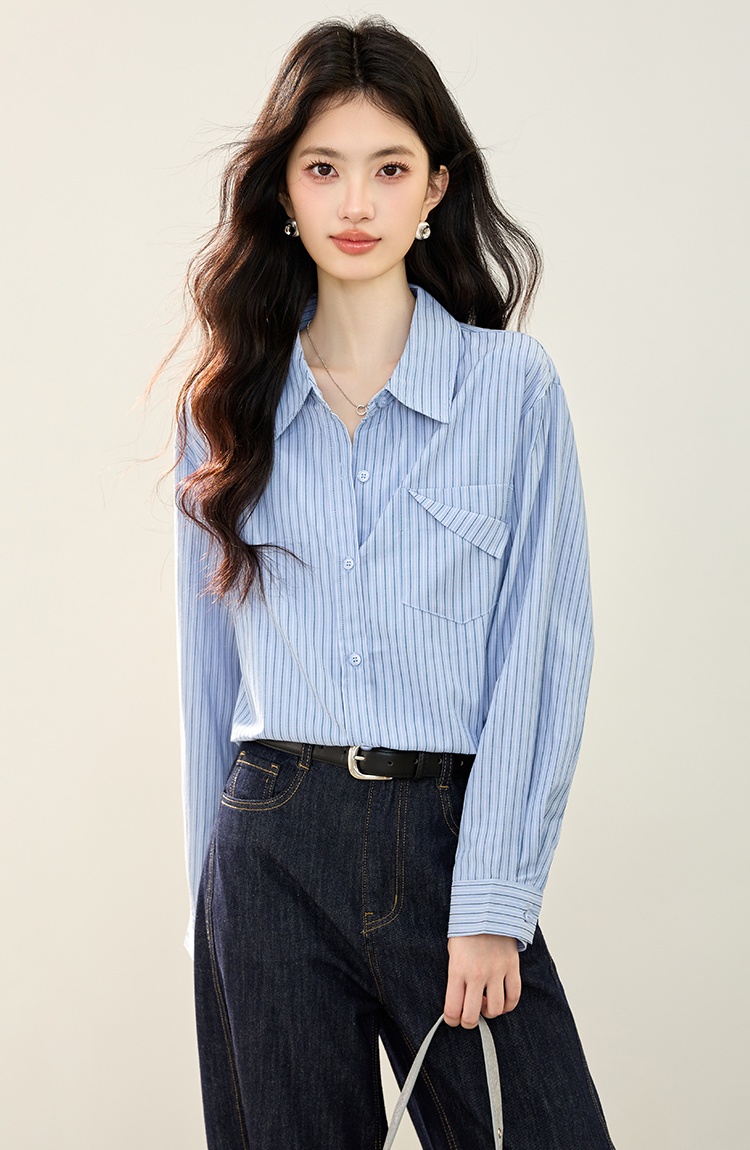 Pocket loose autumn tops fashion long sleeve shirt