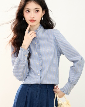 Fashion wood ear tops vertical stripes shirt