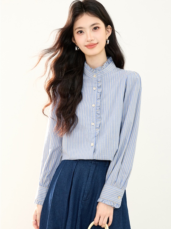 Fashion wood ear tops vertical stripes shirt