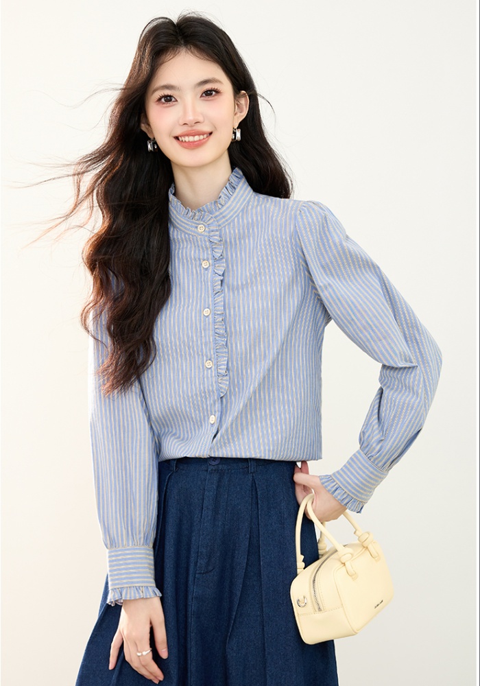 Fashion wood ear tops vertical stripes shirt