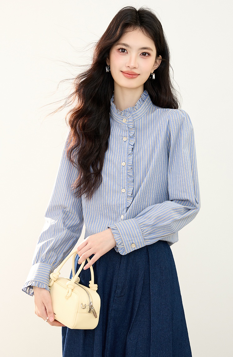 Fashion wood ear tops vertical stripes shirt