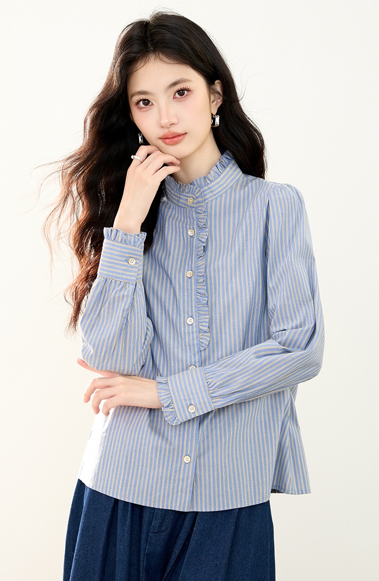 Fashion wood ear tops vertical stripes shirt