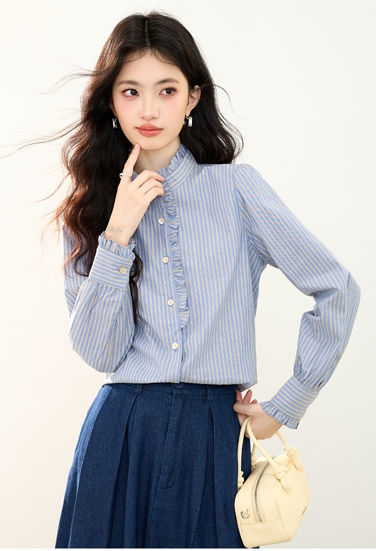 Fashion wood ear tops vertical stripes shirt