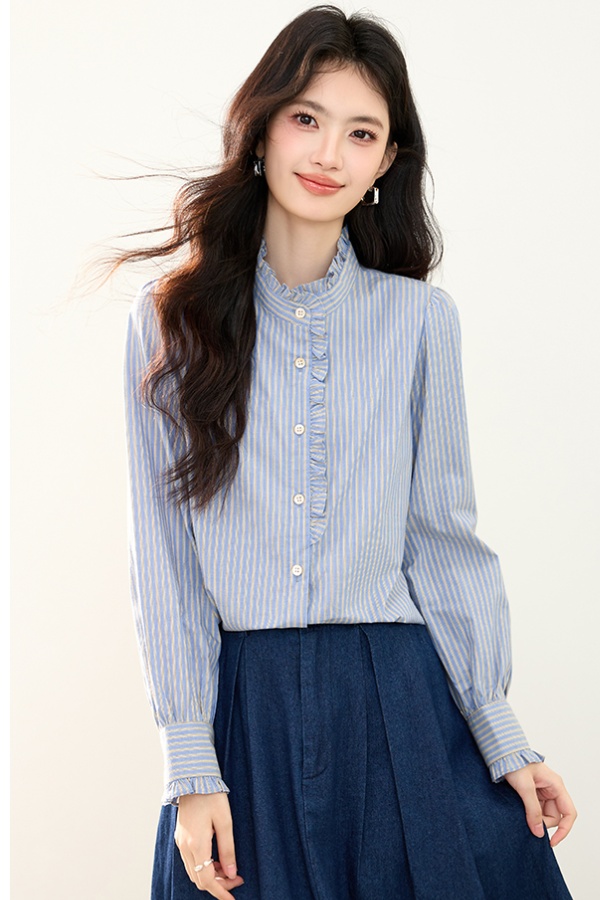 Fashion wood ear tops vertical stripes shirt
