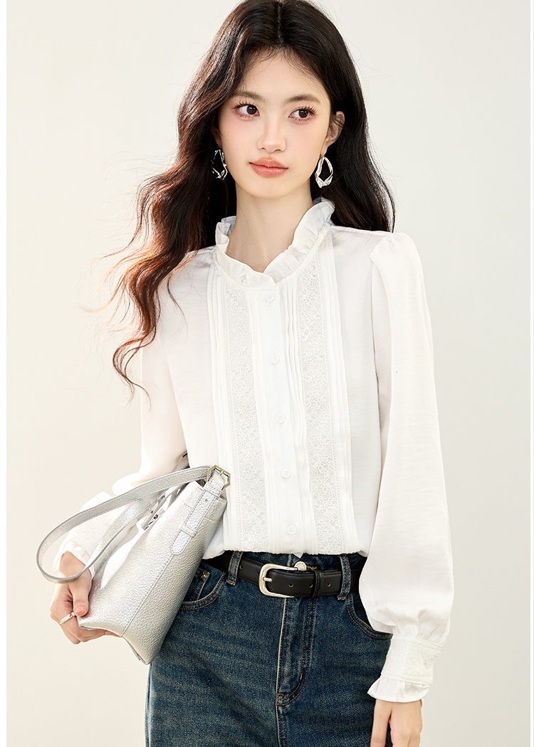 Wood ear long sleeve shirt splice tops