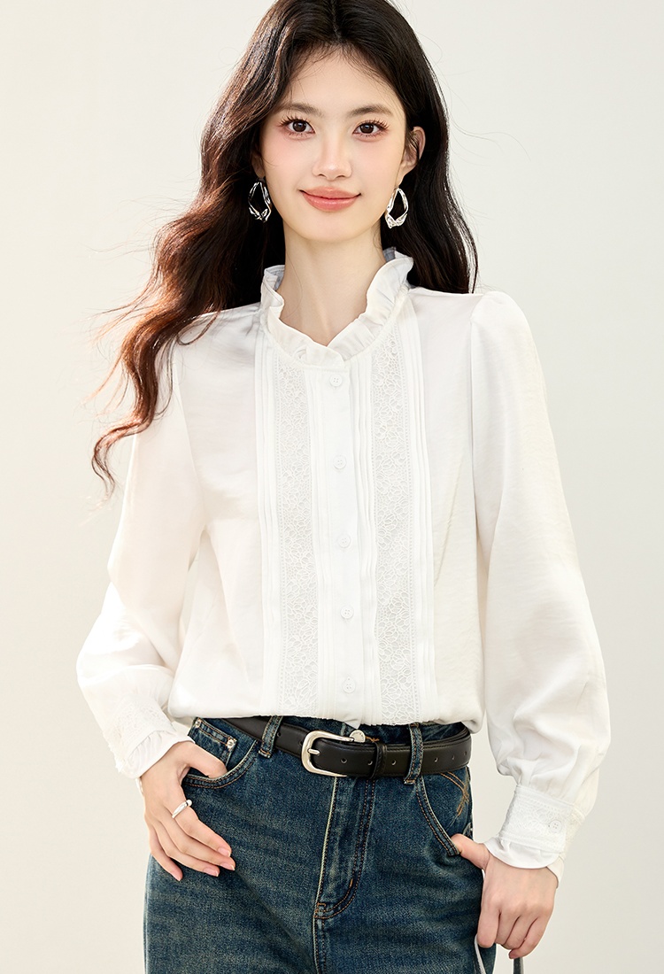 Wood ear long sleeve shirt splice tops