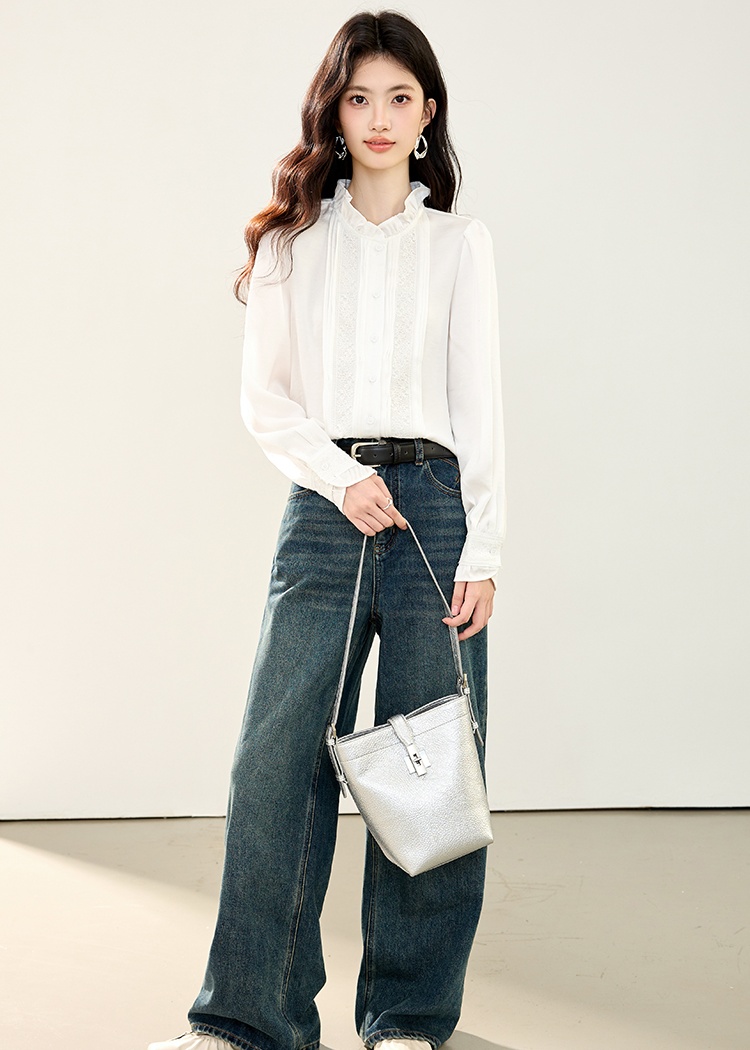 Wood ear long sleeve shirt splice tops
