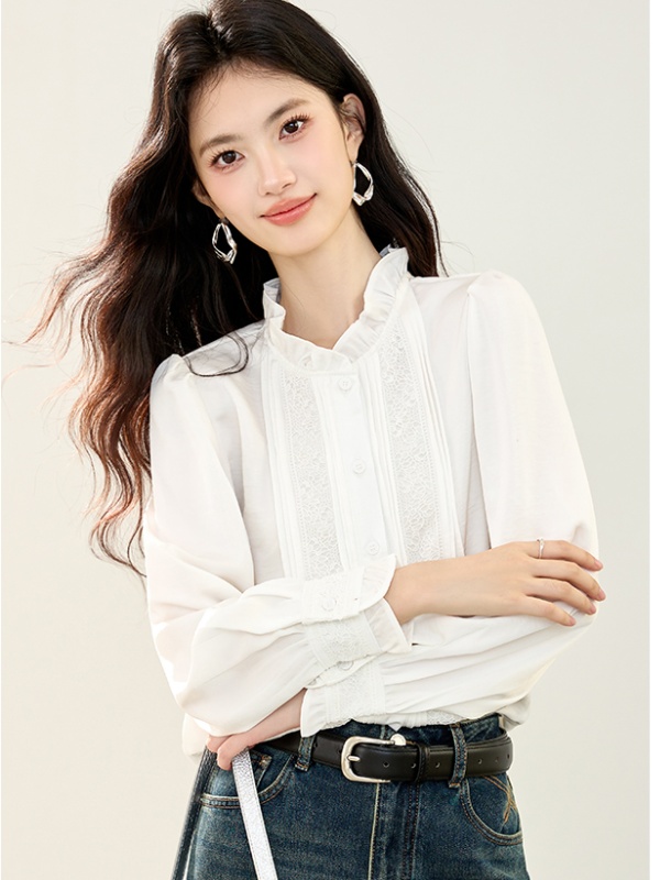 Wood ear long sleeve shirt splice tops