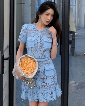 White short sleeve slim blue high waist dress for women
