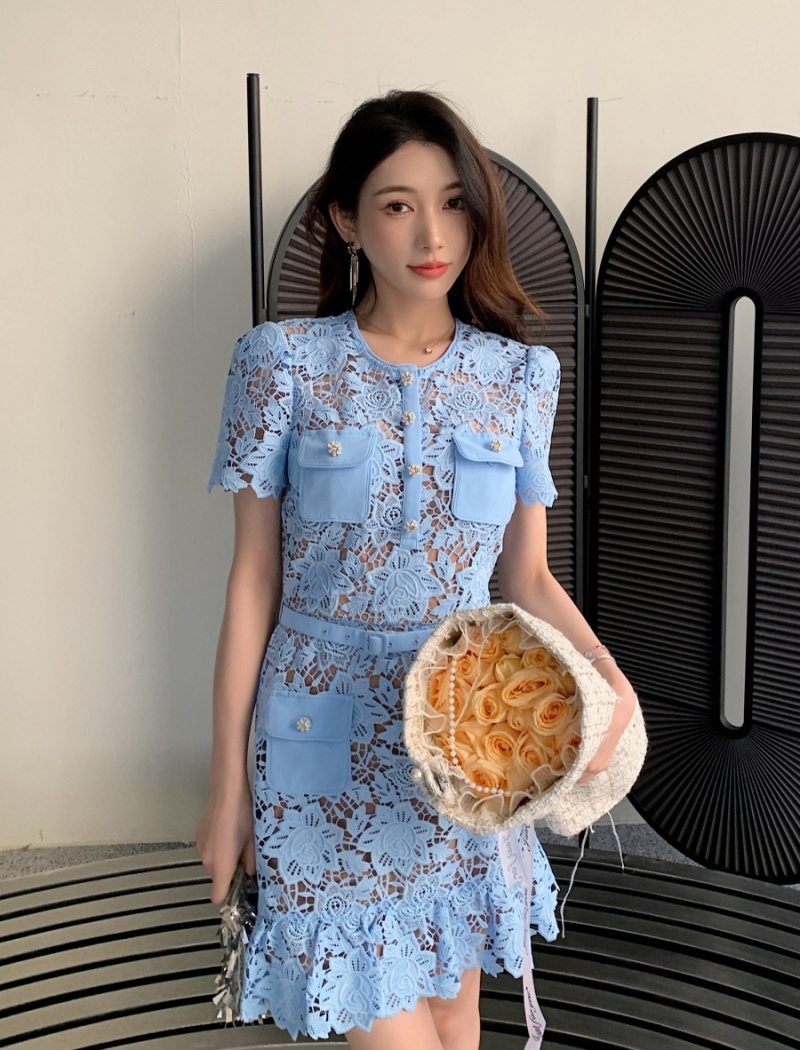 White short sleeve slim blue high waist dress for women