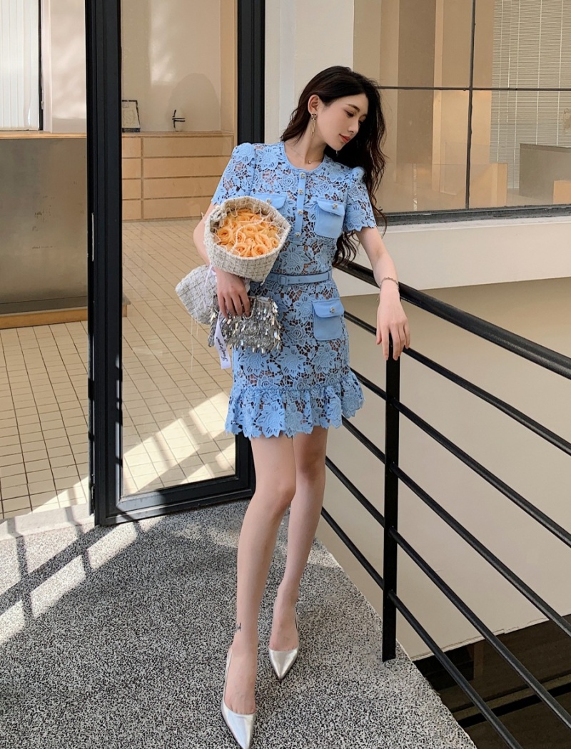 White short sleeve slim blue high waist dress for women
