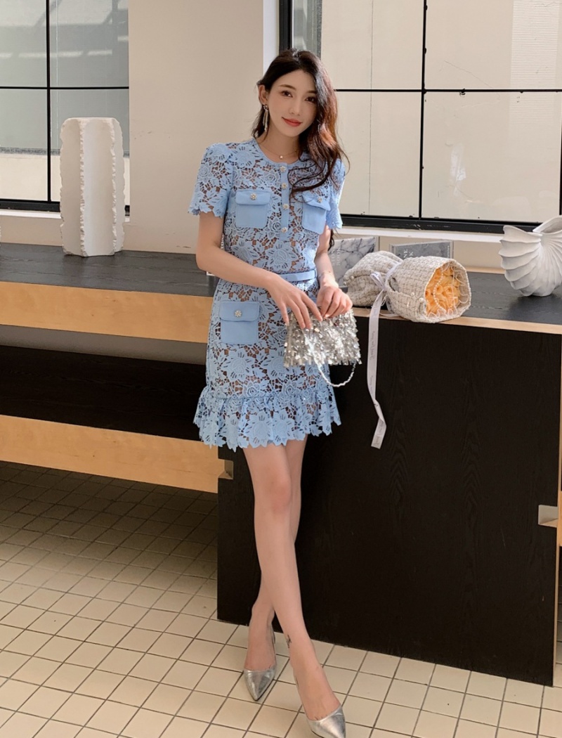 White short sleeve slim blue high waist dress for women