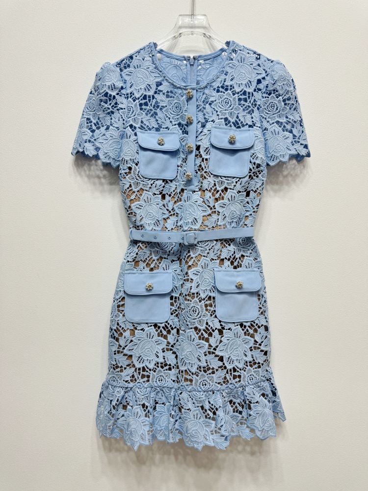 White short sleeve slim blue high waist dress for women