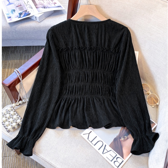 France style slim retro shirt clavicle fold tops