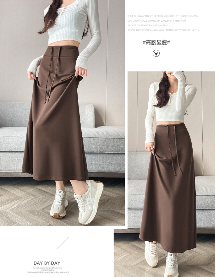 Drawstring autumn long dress high waist skirt for women