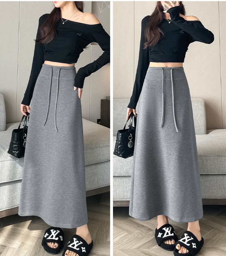 Drawstring autumn long dress high waist skirt for women