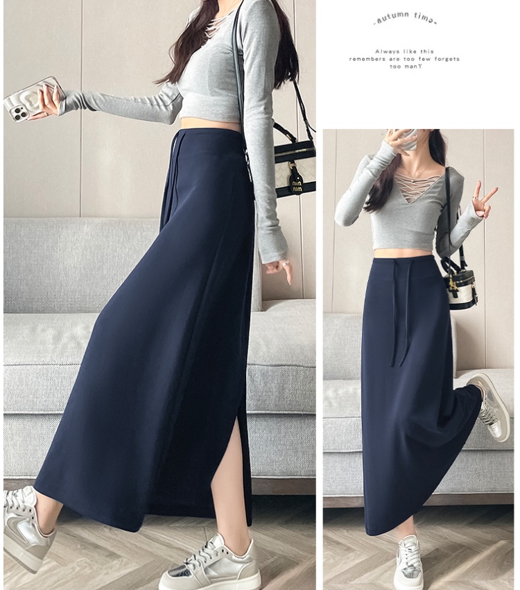 Drawstring autumn long dress high waist skirt for women