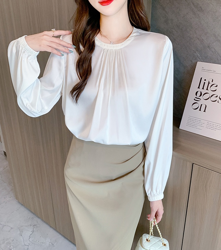 Round neck satin tops all-match shirt for women