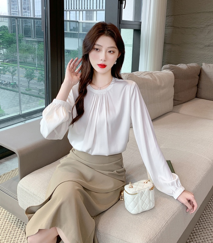 Round neck satin tops all-match shirt for women