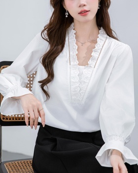 Korean style long sleeve shirt V-neck tops for women