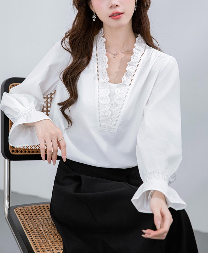 Korean style long sleeve shirt V-neck tops for women