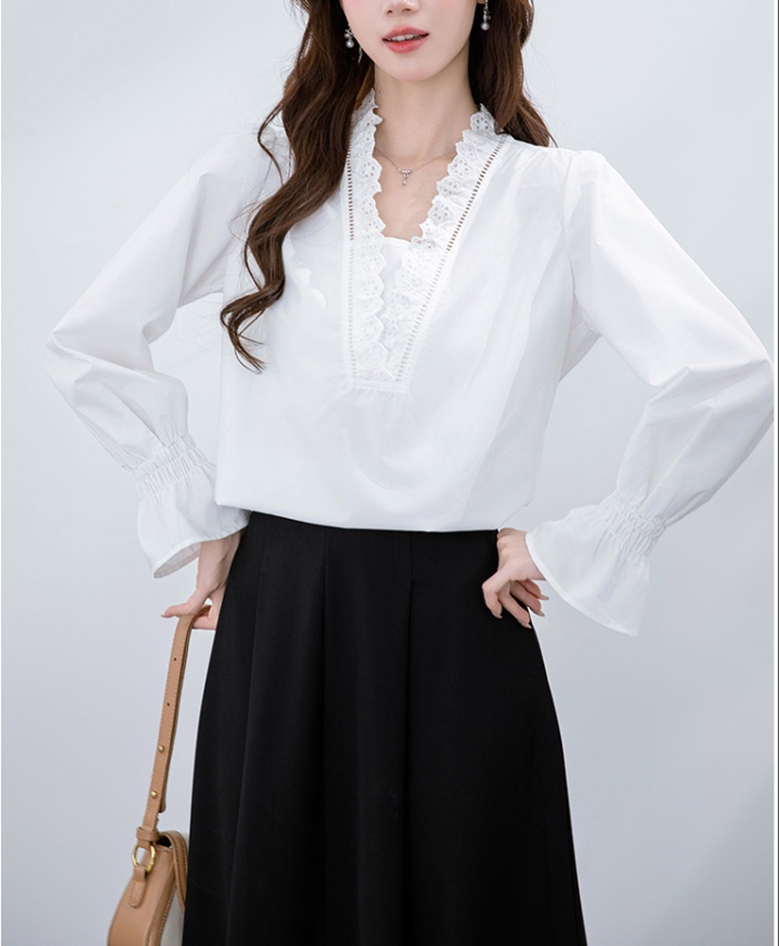 Korean style long sleeve shirt V-neck tops for women