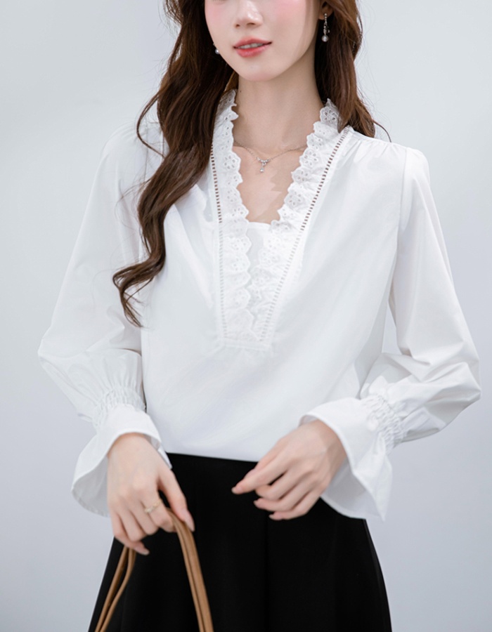 Korean style long sleeve shirt V-neck tops for women