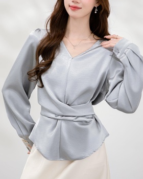 Long sleeve all-match frenum shirt Korean style satin tops