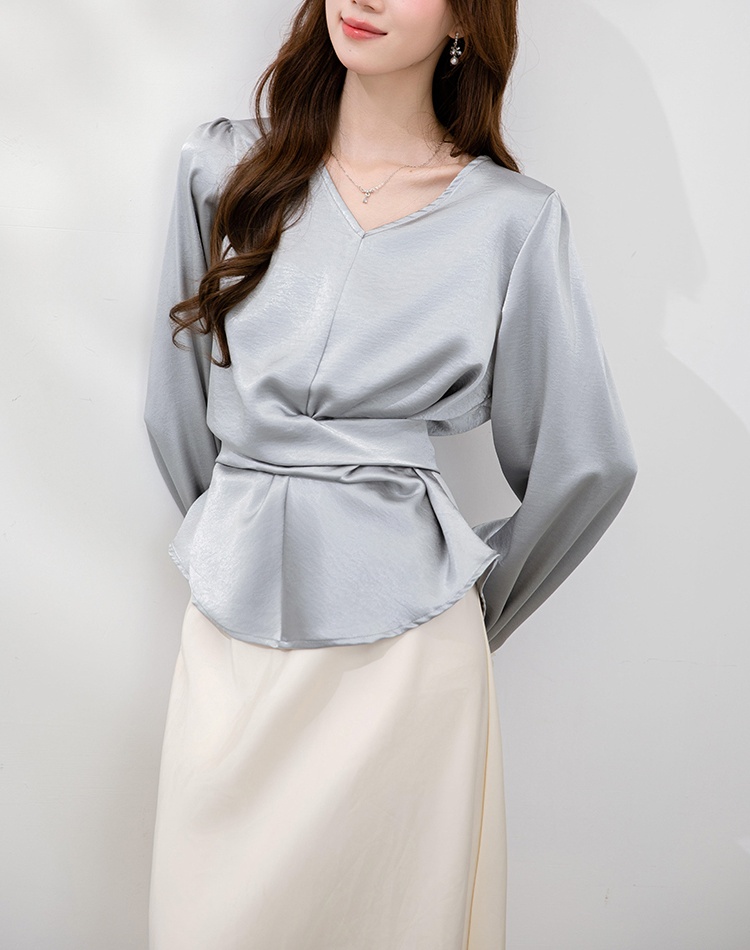 Long sleeve all-match frenum shirt Korean style satin tops