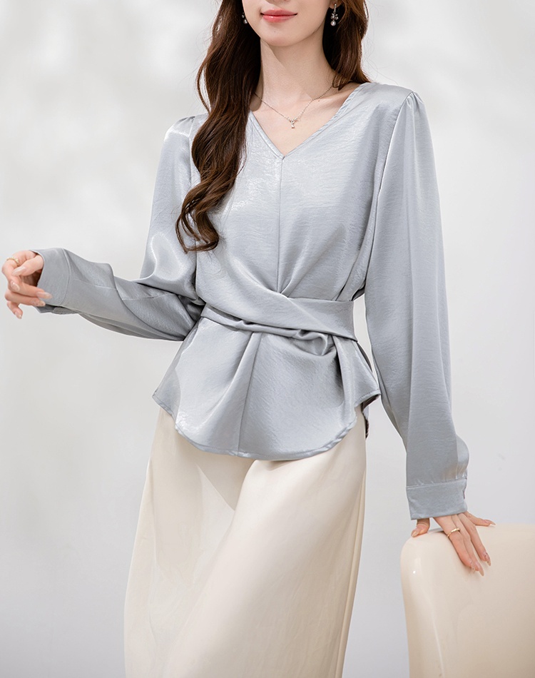 Long sleeve all-match frenum shirt Korean style satin tops