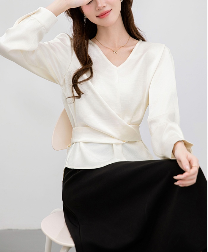 Long sleeve all-match frenum shirt Korean style satin tops