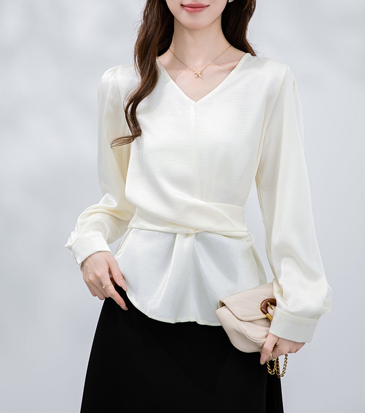 Long sleeve all-match frenum shirt Korean style satin tops