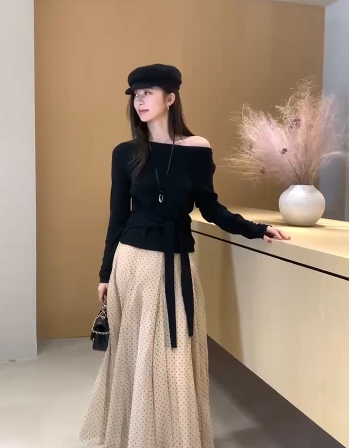 Knitted pinched waist France style unique tops for women