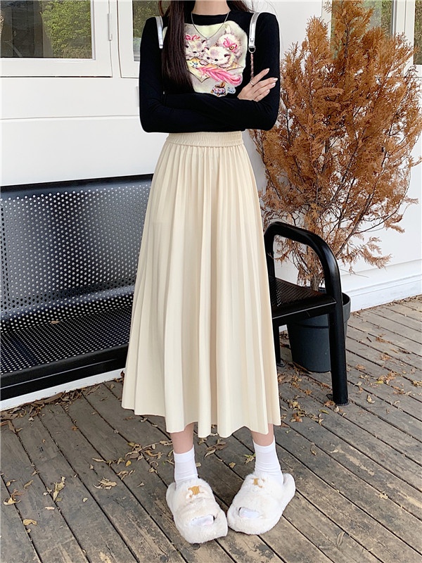 Drape pleated long dress high waist slim skirt