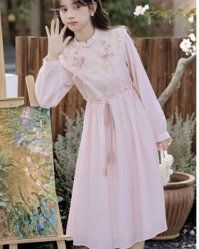 Spring embroidery bow dress slim retro long dress
