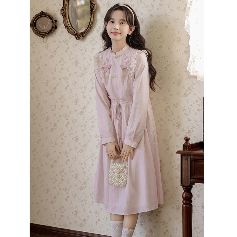 Spring embroidery bow dress slim retro long dress